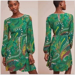 Anthropologie Green Paisley Long-Sleeve Dress